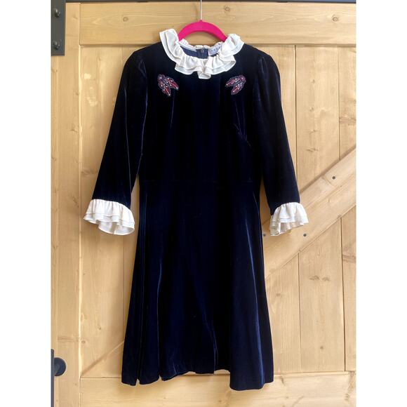 Sandro Paris Velvet Embroidered Ruffled Mini Blue Dress Size 1
